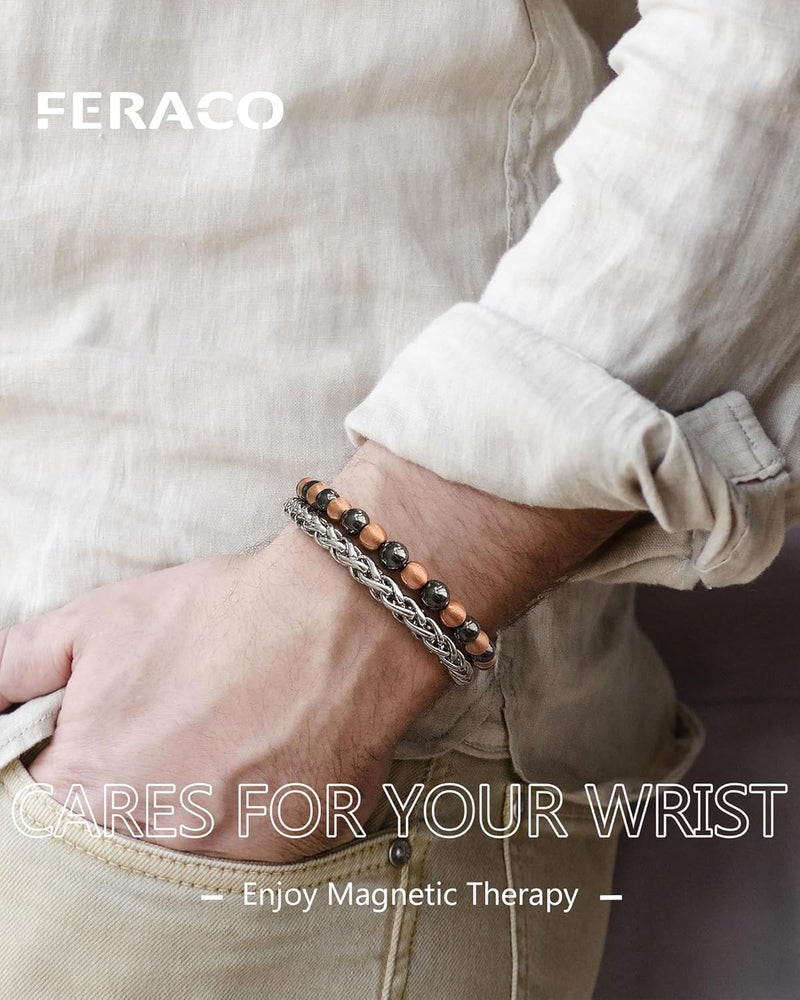Feraco Pure Copper Magnetic Bead Bracelet for Men Women, 8mm 99.99% Solid Copper & 3500 Gauss Magnetic Hematite Beads, Unisex Stretch Wristband, Gift-Ready Jewelry - Image 5